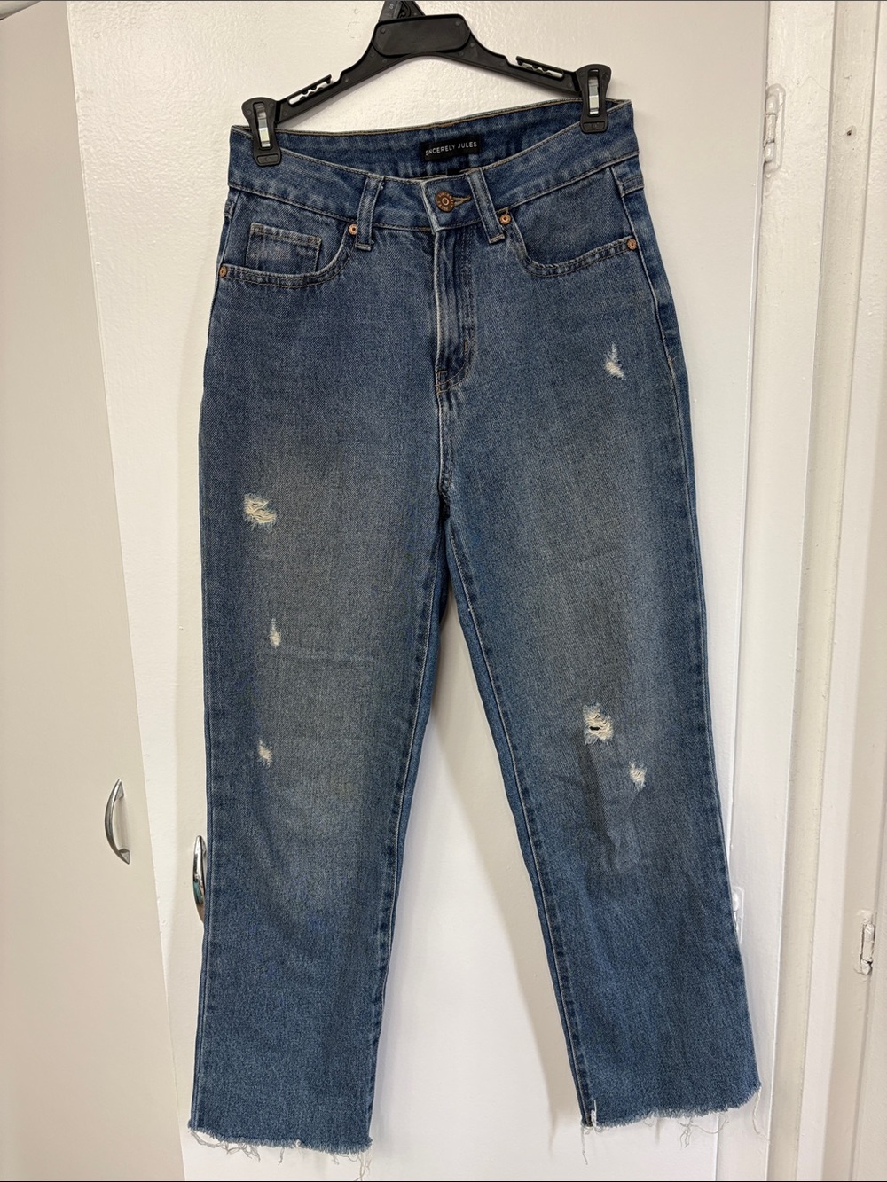 Sincerely Jules Distressed Straight-Leg Blue Jeans